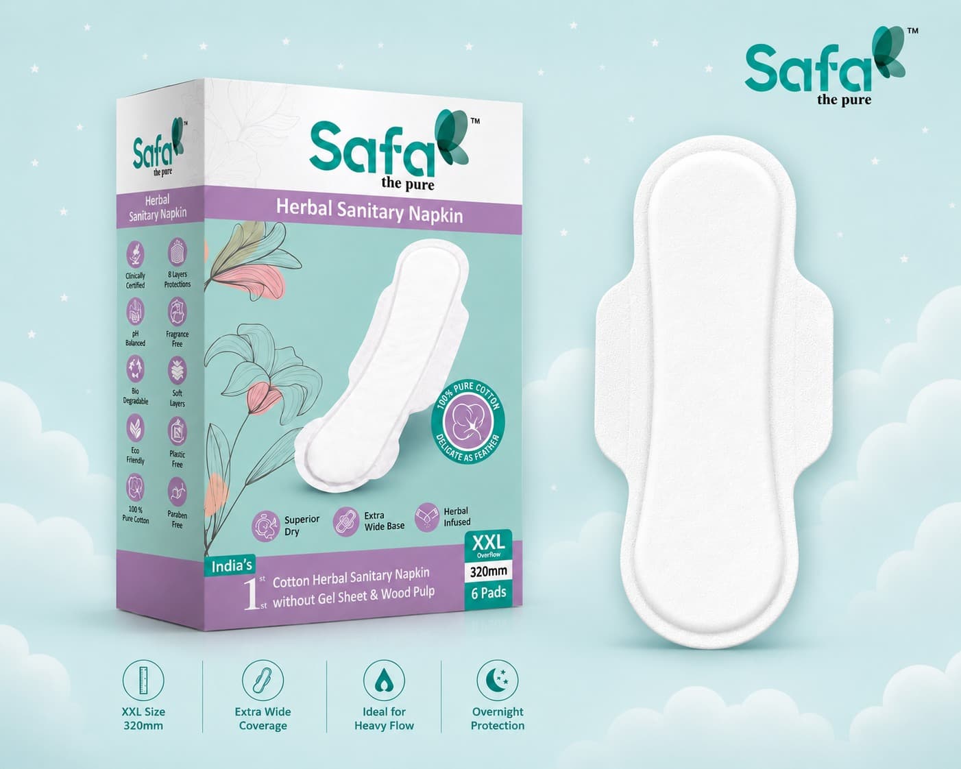 Herbal sanitary napkin with extra long protection